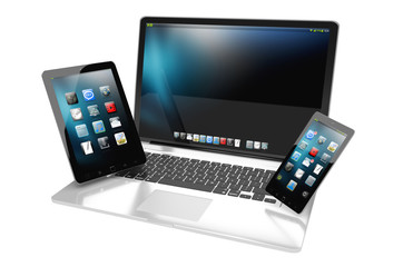 Laptop mobile phone and tablet connected to each other 3D rendering