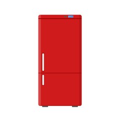 Red household appliances fridge isolated on white background. Electronic device refrigerator. Home appliance freezer vector illustration.