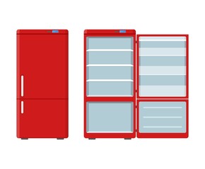 Red household appliances fridge open and closed isolated on white background. Electronic device refrigerator. Home appliance freezer vector illustration.