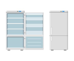 Household appliances fridge open and closed isolated on white background. Electronic device refrigerator. Home appliance freezer vector illustration.