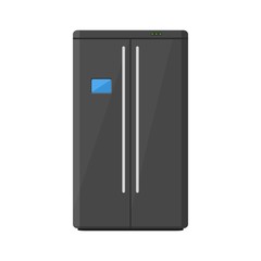 Black modern household appliances fridge with two doors isolated on white background. Electronic device refrigerator. Home appliance freezer vector illustration.