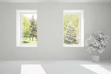 White empty room with green landscape in window. Scandinavian interior design. 3D illustration