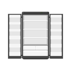 Black modern household appliances fridge with two doors isolated on white background. Electronic device refrigerator open. Home appliance freezer vector illustration.