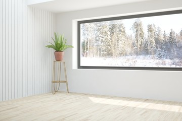 White empty room with winter landscape in window. Scandinavian interior design. 3D illustration