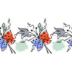 Seamless vector hand drawn floral pattern, endless border Colorful frame with flowers, leaves. Decorative cute graphic line drawing illustration. Print for wrapping, background, fabric, decor, textile