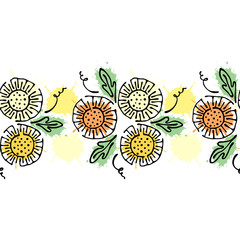 Seamless vector hand drawn floral pattern, endless border Colorful frame with flowers, leaves. Decorative cute graphic line drawing illustration. Print for wrapping, background, fabric, decor, textile