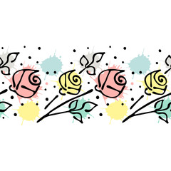 Seamless vector hand drawn floral pattern, endless border Colorful frame with flowers, leaves. Decorative cute graphic line drawing illustration. Print for wrapping, background, fabric, decor, textile