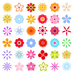 Flower icons isolated on white background collection. Retro design elements for stickers, labels, tags, gift wrapping paper, greeting cards. Vector illustration