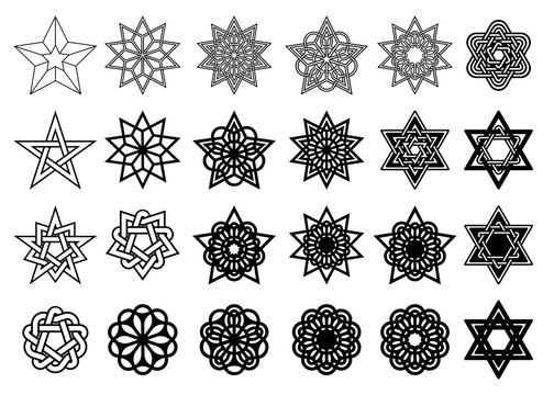 Set of abstract graphic elements for your design. Black stars and circles isolated on white background. Vector illustration