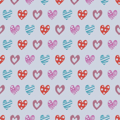 Seamless vector pattern with hearts. Background with hand drawn ornamental symbols. Template for wrapping, decor, surface, cards, backgrounds, textile, print. Repeat ornament. Series of Love Patterns.