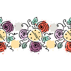 Seamless vector hand drawn floral pattern, endless border Colorful frame with flowers, leaves. Decorative cute graphic line drawing illustration. Print for wrapping, background, fabric, decor, textile