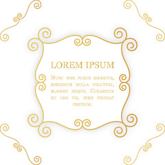 Golden decorative frame with swirls and curves. Luxury foil background. Design template for labels, packaging, greeting cards etc.