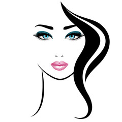 Woman's face. Vector illustration. Realistic pink lips and blue eyes with chic eyelashes