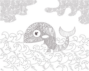 Whale in the ocean. Waves.