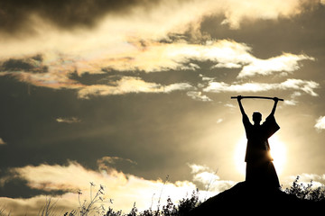 Fighter with a sword silhouette a sky ninja