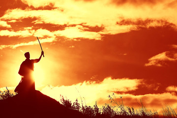 Warrior with sword panorama silhouette