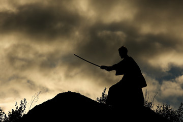 Fighter with a sword silhouette a sky ninja