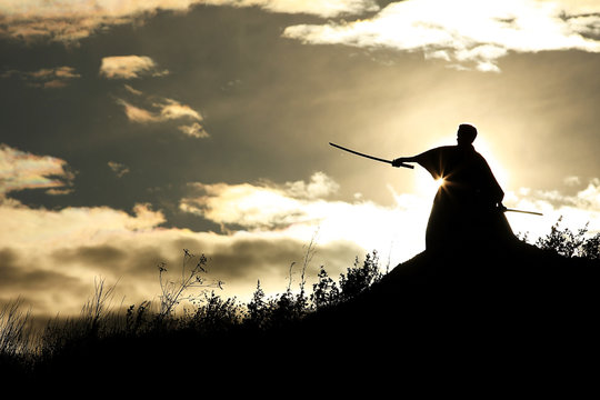 Fighter with a sword silhouette a sky ninja