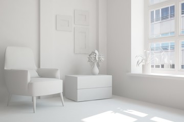 White room with armchair and urban  landscape in window. Scandinavian interior design. 3D illustration