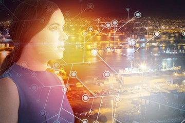 Composite image of woman standing against white background