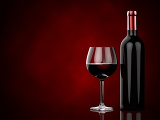Bottles and glasses with red wine on a red background. 3d illustration.