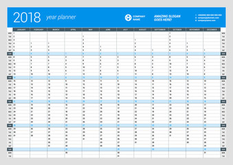 Yearly Wall Calendar Planner Template for 2018 Year. Vector Design Print Template. Week Starts Monday