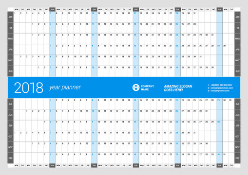 Yearly Wall Calendar Planner Template for 2018 Year. Vector Design Print Template. Week Starts Monday