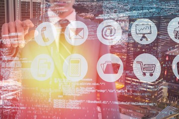 Composite image of midsection of businessman pointing 3d