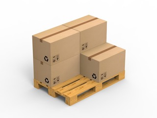 Fototapeta premium Wooden palette with cardboard boxes on white background. 3d illustration.
