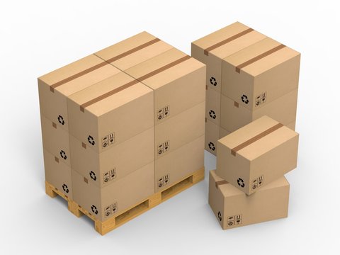 Wooden palette with cardboard boxes on white background. 3d illustration.