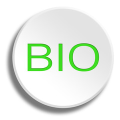 Green BIO in round white button with shadow