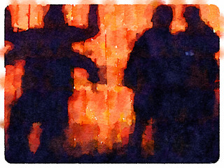 Digital watercolor painting of four people creating shapes as silhouettes. Two people creating a four arm person. Orange background and space for text.