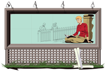 Girl is reading book on terrace of house. Stock illustration. People in retro style.