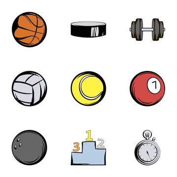 Sport equipment icons set, cartoon style