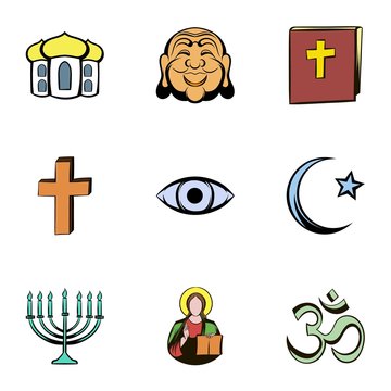 Faith icons set, cartoon style