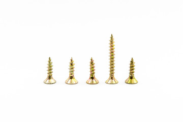 Closeup yellow zinc coated screw isolate on white background. Self Drilling screws. Isolated fasteners. Connecting material on white background. Silver and gold threads on bolts.