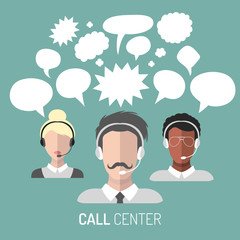 Vector illustration of customer service, call center operator icons with headsets with blank speech bubbles.