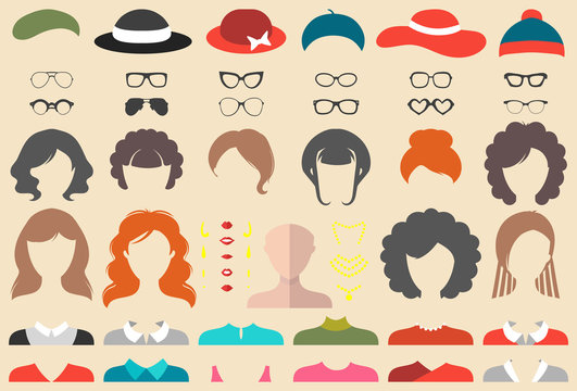 Vector set of dress up constructor with different woman haircuts, glasses etc. in flat style. Female faces icon creator.