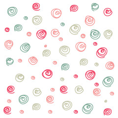 Abstract doodle curl vector seamless pattern. Scribble background with pink, red, green and grey spirals