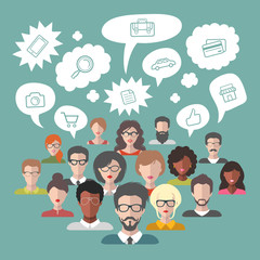 Fototapeta na wymiar Vector illustration of brainstorming with people and speech bubbles. Business team management icons in flat style