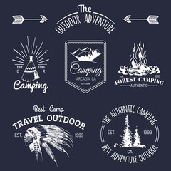 Fototapeta premium Vector set of camping logos. Tourism emblems or badges. Signs collection of outdoor adventures with Indian elements.