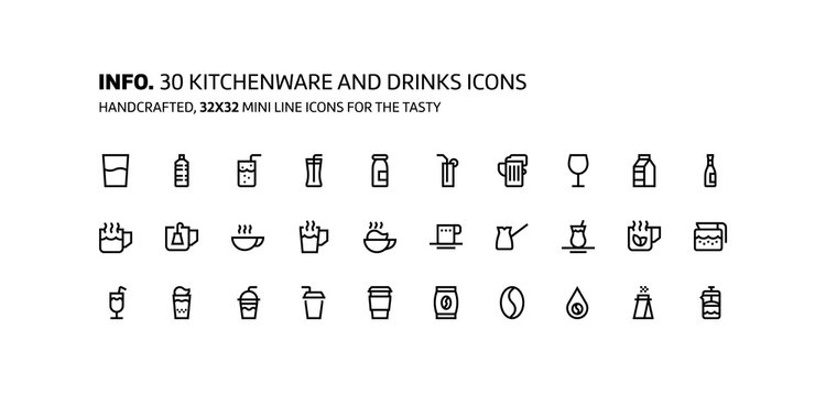 Kitchenware, drinks mini line, illustrations, icons