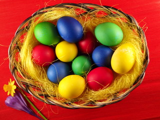 Colorful easter eggs in basket.