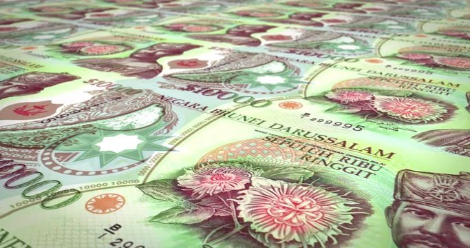Banknotes of one thousand ringgits or bruneian dollars rolling, cash money, loop