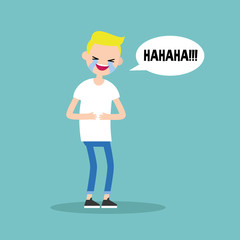 laughing out loud blond boy / flat vector editable illustration