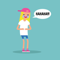 laughing out loud blond girl / flat vector editable illustration