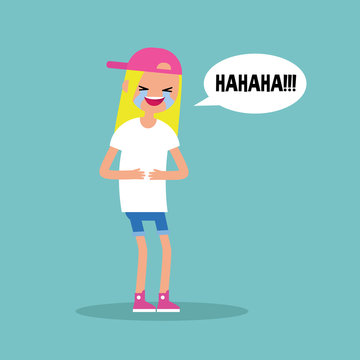 laughing out loud blond girl / flat vector editable illustration