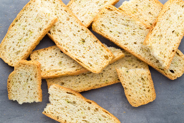 Garlic and herb bread slices. Eco food.