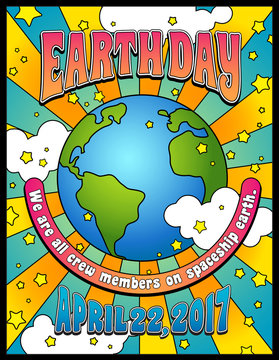 Earth Day poster, card or banner design in 1960s psychedelic style
