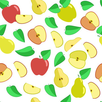 Seamless vector pattern. Colorful fruits and slices of different colored apples and pears with leaves.